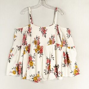 TORRID Top Womens Sz 0 US Large White Multi Floral Cold Shoulder Smocked Boho